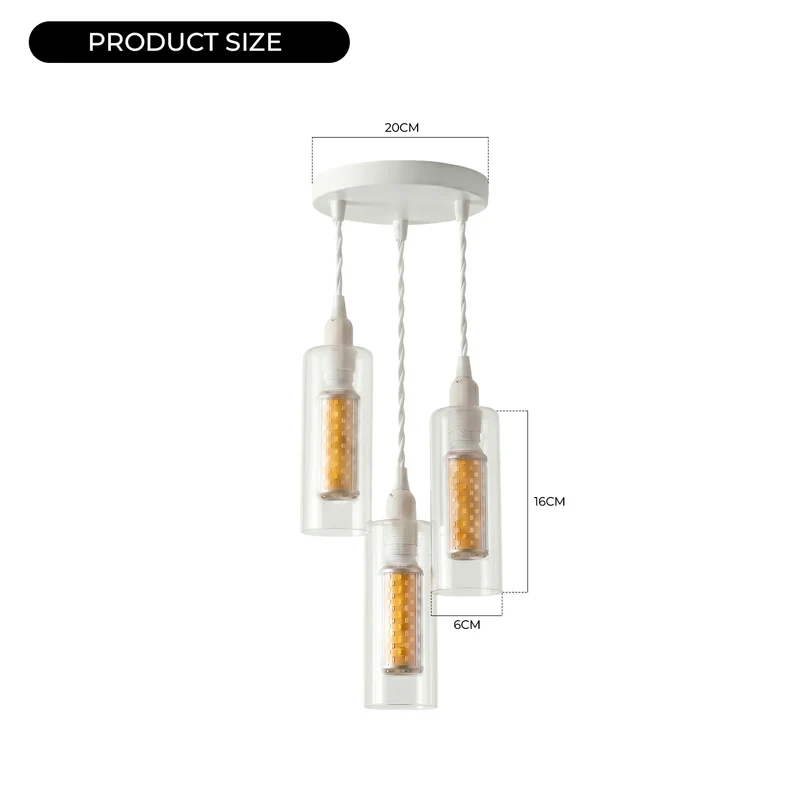 3-flammiges Pendelleuchten-Set aus klarem Glas, E14-LED, 1 m weißes Kabel~3772