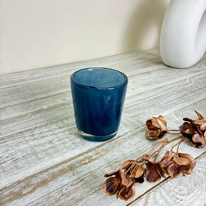 Teelichthalter Windlicht Blumentopf Pflanzentopf Glas Blau Rauchglas Becher Gebraucht