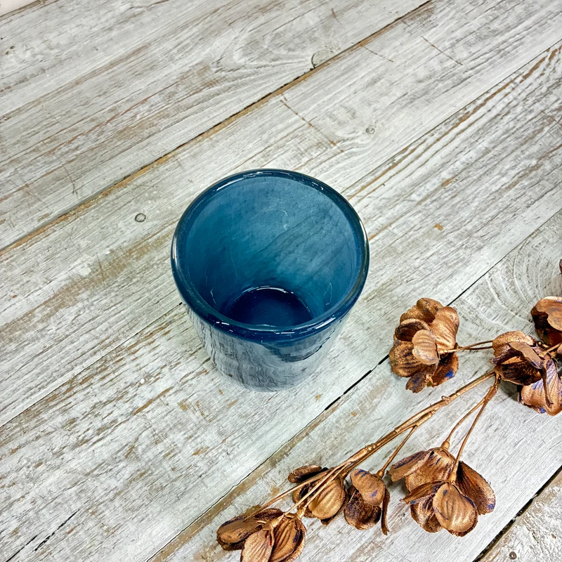 Teelichthalter Windlicht Blumentopf Pflanzentopf Glas Blau Rauchglas Becher Gebraucht