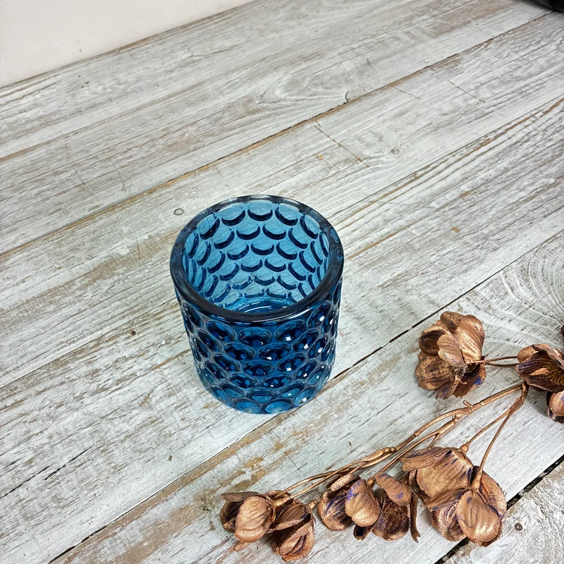 Teelichthalter Windlicht Blumentopf Pflanzentopf Glas Blau Wabenmuster Gebraucht