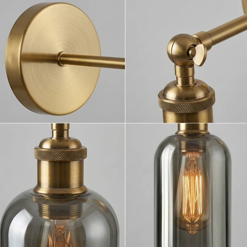 Vintage Verstellbare Wandleuchte Rauchglas | Retro Wandlampe Messing E27~3658