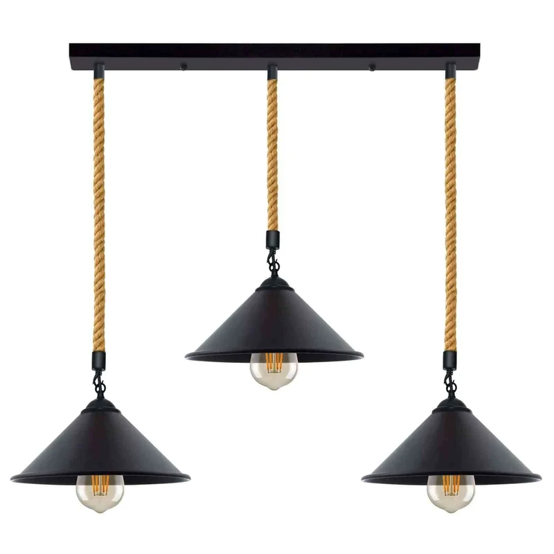 3-flammige Hanfseil-Hängelampe im Bauernhaus-Stil-Nachhaltig ~3780