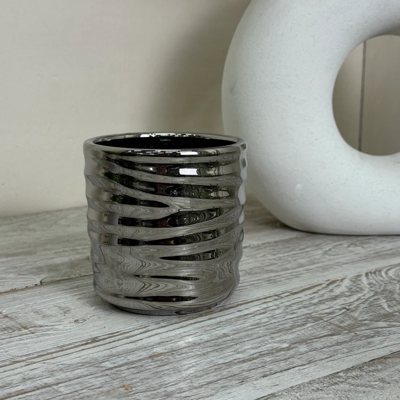 Übertopf Pflanztopf Keramik Silber Rillenoptik Blumentopf Gebraucht