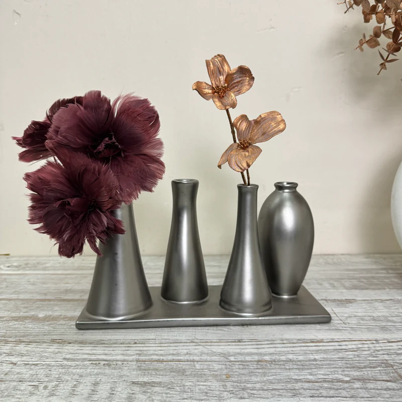 Mehrfach-Vase 4 Öffnungen Röhrenvase Tischdeko Metall Silber Vase Gebraucht