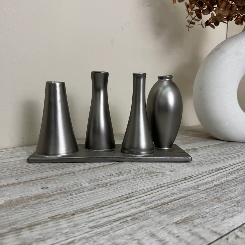 Mehrfach-Vase 4 Öffnungen Röhrenvase Tischdeko Metall Silber Vase Gebraucht