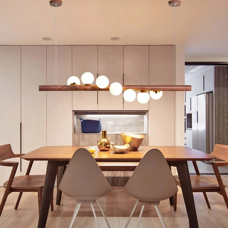 Hanglamp Glazen Bol met Houten Plafondbevestiging Warm Walnoot Elegante Sfeerverlichting voor Woonkamer | Sansoti