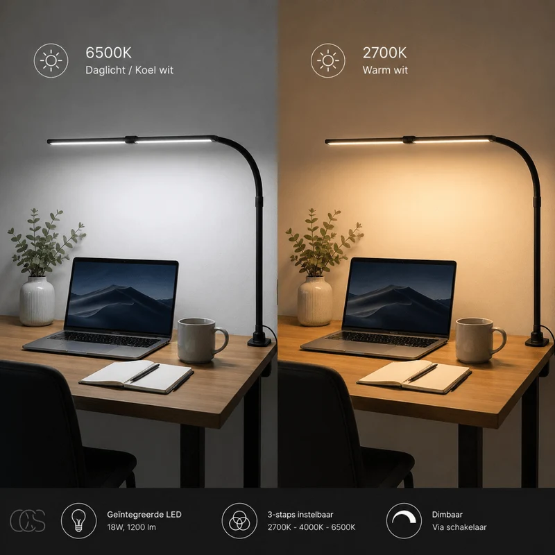 Dimbare Bureaulamp 24W met Flexibele Zwanenhals en 3 Kleurtemperaturen voor Werken Lezen en Studeren | Sansoti