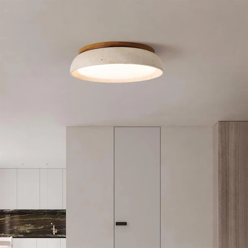 Travertin Plafondlamp Rond Hout Warm Licht Modern Design Woonkamer Eetkamer Slaapkamer Scandinavisch Interieur | Sansoti