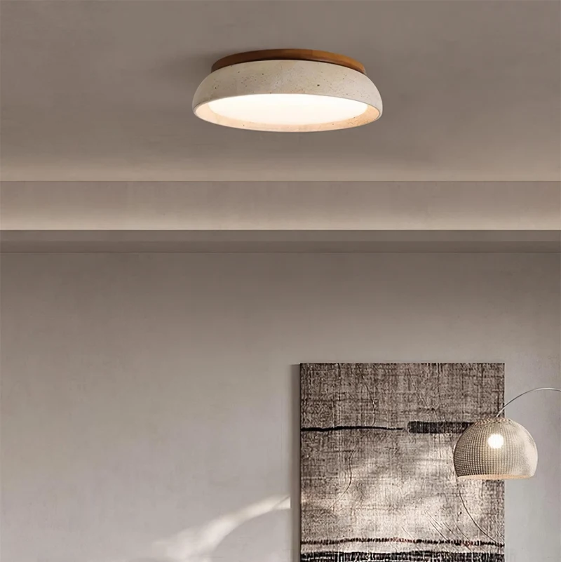 Travertin Plafondlamp Rond Hout Warm Licht Modern Design Woonkamer Eetkamer Slaapkamer Scandinavisch Interieur | Sansoti