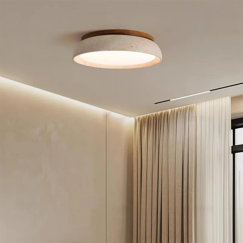 Travertin Plafondlamp Rond Hout Warm Licht Modern Design Woonkamer Eetkamer Slaapkamer Scandinavisch Interieur | Sansoti