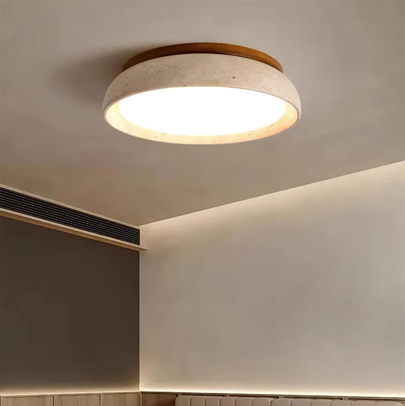 Travertin Plafondlamp Rond Hout Warm Licht Modern Design Woonkamer Eetkamer Slaapkamer Scandinavisch Interieur | Sansoti