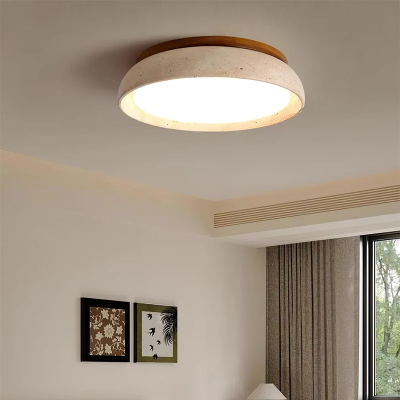 Travertin Plafondlamp Rond Hout Warm Licht Modern Design Woonkamer Eetkamer Slaapkamer Scandinavisch Interieur | Sansoti