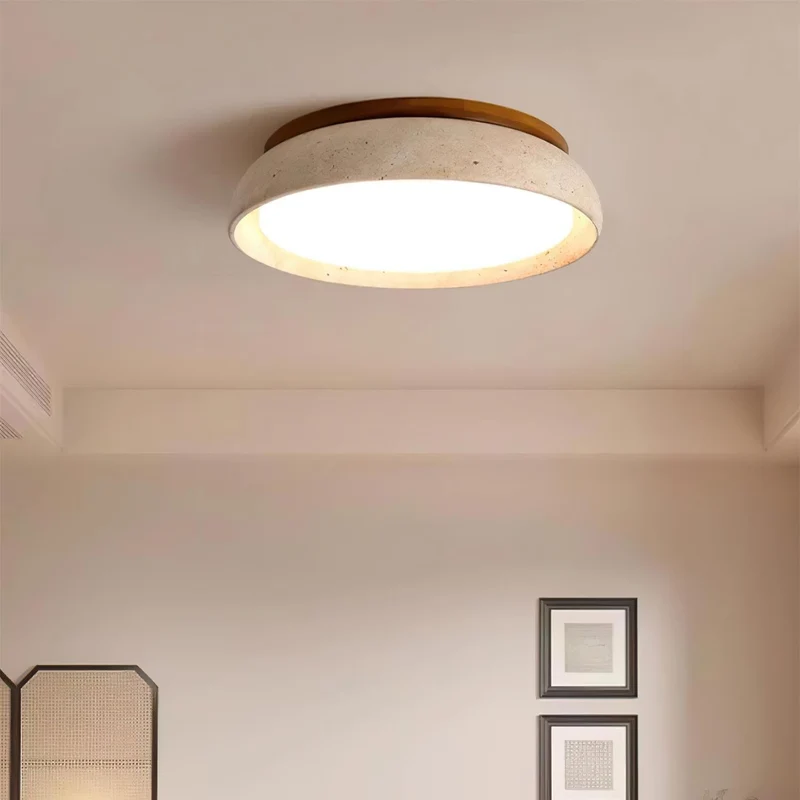 Travertin Plafondlamp Rond Hout Warm Licht Modern Design Woonkamer Eetkamer Slaapkamer Scandinavisch Interieur | Sansoti