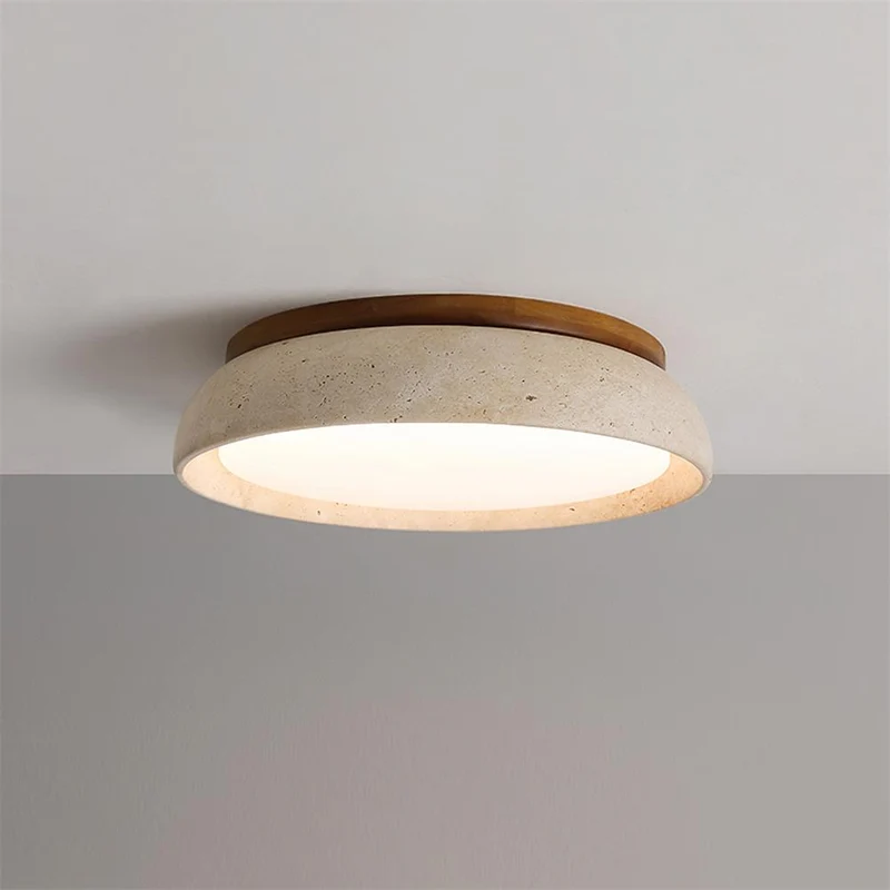 Travertin Plafondlamp Rond Hout Warm Licht Modern Design Woonkamer Eetkamer Slaapkamer Scandinavisch Interieur | Sansoti