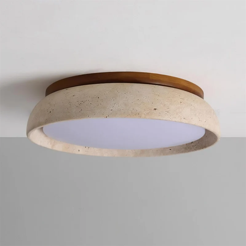 Travertin Plafondlamp Rond Hout Warm Licht Modern Design Woonkamer Eetkamer Slaapkamer Scandinavisch Interieur | Sansoti