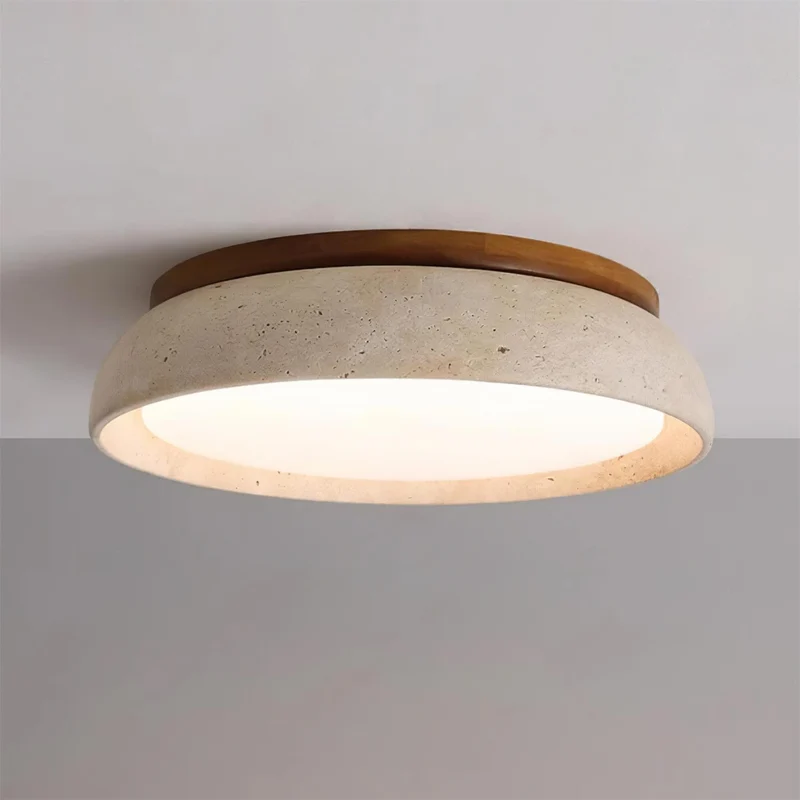 Travertin Plafondlamp Rond Hout Warm Licht Modern Design Woonkamer Eetkamer Slaapkamer Scandinavisch Interieur | Sansoti