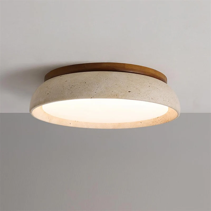 Travertin Plafondlamp Rond Hout Warm Licht Modern Design Woonkamer Eetkamer Slaapkamer Scandinavisch Interieur | Sansoti