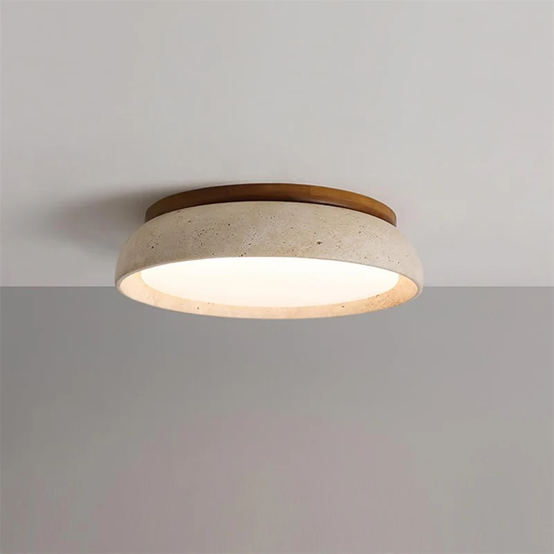 Travertin Plafondlamp Rond Hout Warm Licht Modern Design Woonkamer Eetkamer Slaapkamer Scandinavisch Interieur | Sansoti