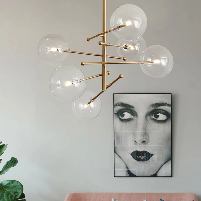 Goudkleurige Hanglamp met Glazen Bolkappen LED 6 of 8 Lichtpunten Metaal Modern Design Eetkamer Woonkamer | Sansoti