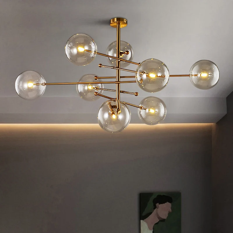 Goudkleurige Hanglamp met Glazen Bolkappen LED 6 of 8 Lichtpunten Metaal Modern Design Eetkamer Woonkamer | Sansoti