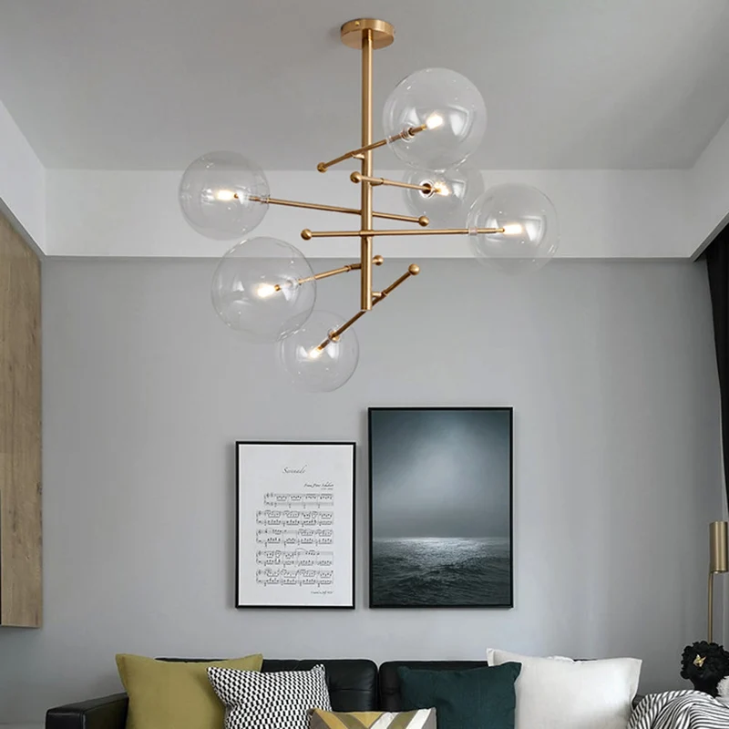 Goudkleurige Hanglamp met Glazen Bolkappen LED 6 of 8 Lichtpunten Metaal Modern Design Eetkamer Woonkamer | Sansoti