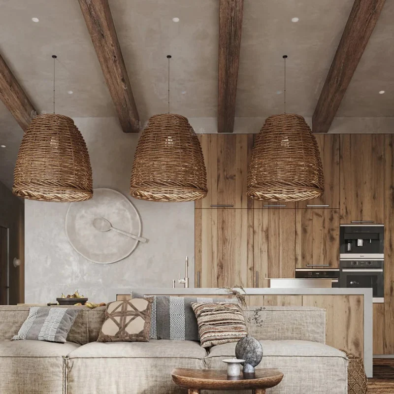 Rotan Hanglamp Vintage Kroonluchter E27 Eetkamer Slaapkamer Woonkamer Natuurlijk Gevlochten Plafondlamp | Sansoti