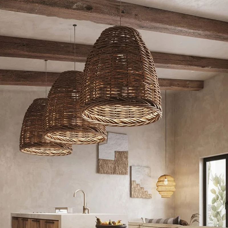 Rotan Hanglamp Vintage Kroonluchter E27 Eetkamer Slaapkamer Woonkamer Natuurlijk Gevlochten Plafondlamp | Sansoti