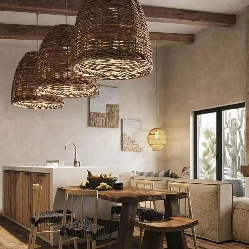 Rotan Hanglamp Vintage Kroonluchter E27 Eetkamer Slaapkamer Woonkamer Natuurlijk Gevlochten Plafondlamp | Sansoti