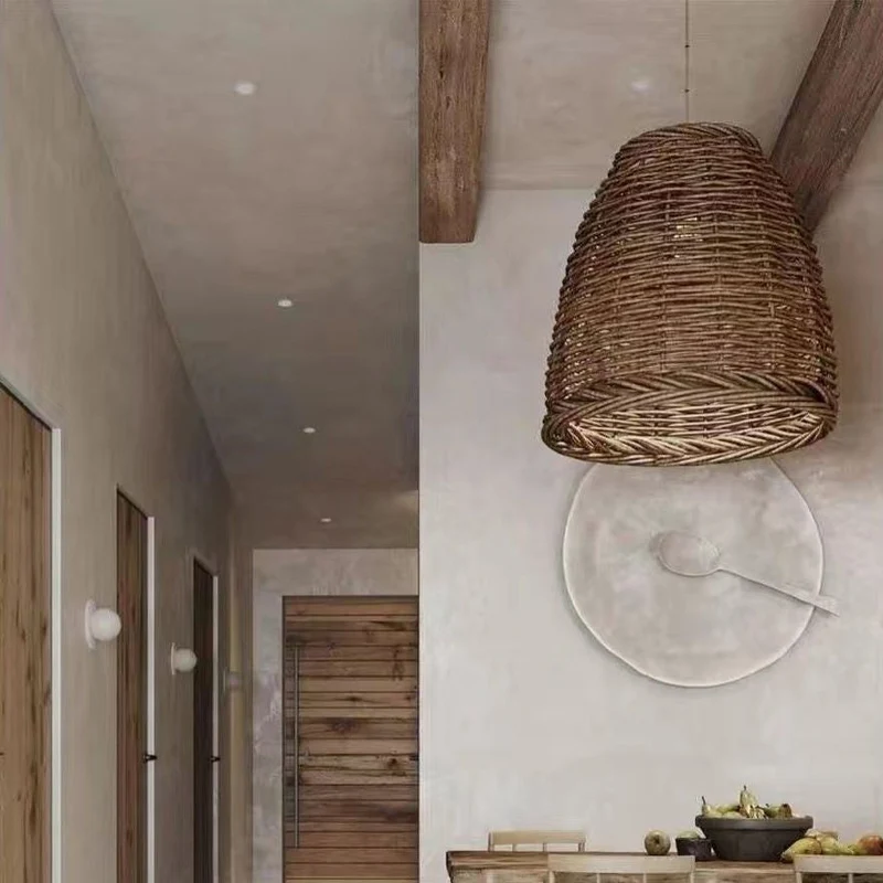 Rotan Hanglamp Vintage Kroonluchter E27 Eetkamer Slaapkamer Woonkamer Natuurlijk Gevlochten Plafondlamp | Sansoti