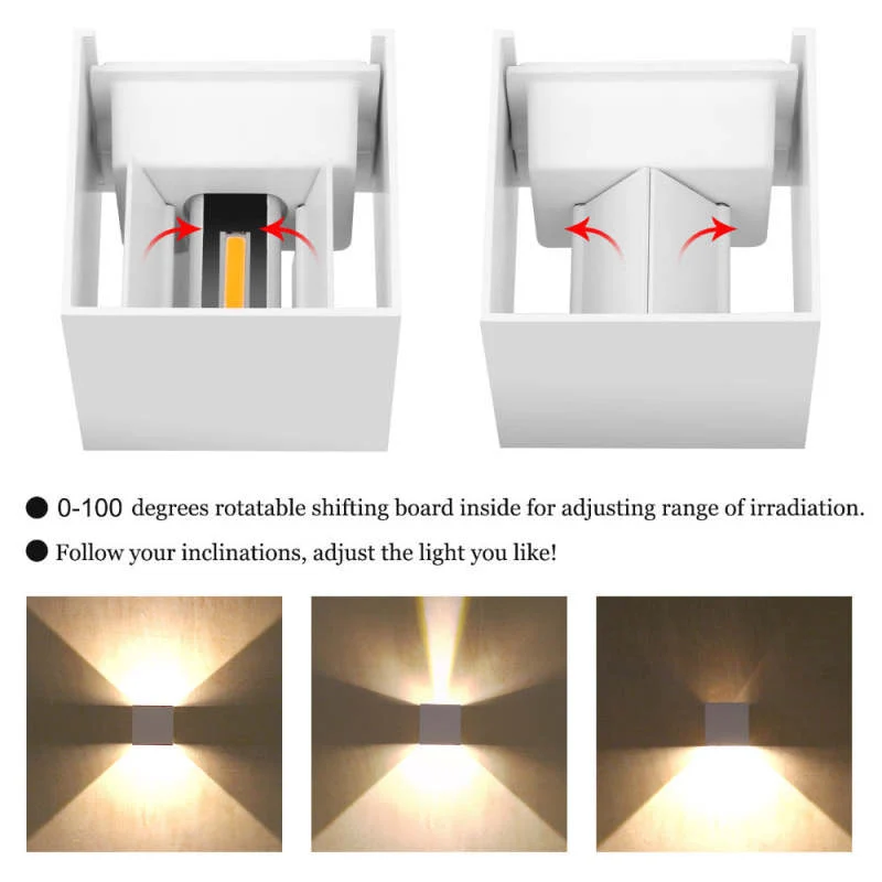Vierkante Buitenwandlamp LED Verstelbaar Zwart Wit Grijs Waterdicht IP65 Metaal Acryl Tuinverlichting | Sansoti