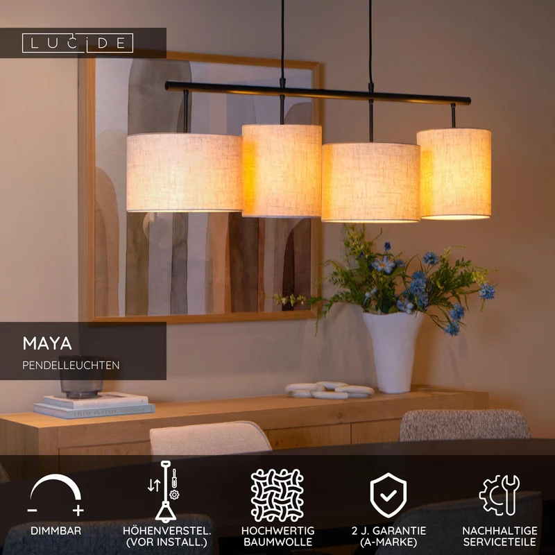 Pendelleuchte Maya 4-flammig mit Baumwollschirmen höhenverstellbar Beige 107cm