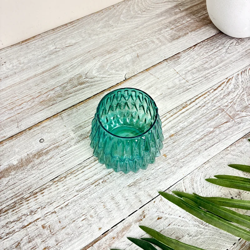 Teelichthalter Windlicht Türkis Rillenstruktur Glas Teelichtglas Gebraucht