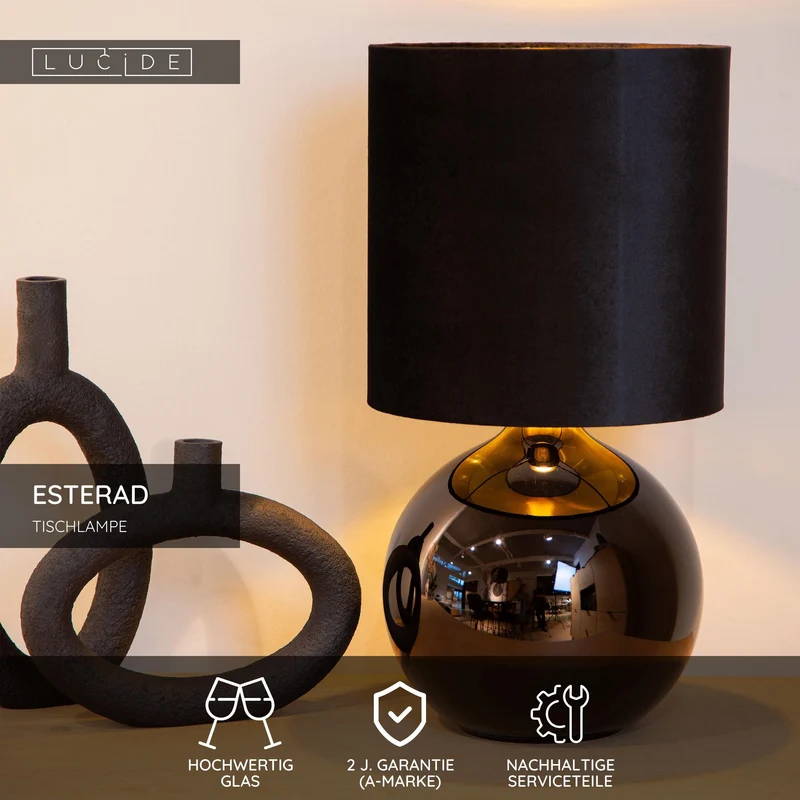 Retro-Tischleuchte Esterad mit Glasfuß und Stoffschirm
