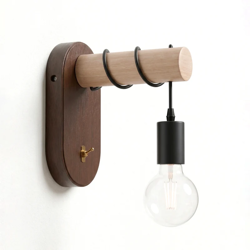 Vintage Wandleuchte Holz mit Kippschalter & E27 Glühbirne Retro Wandlampe~3656