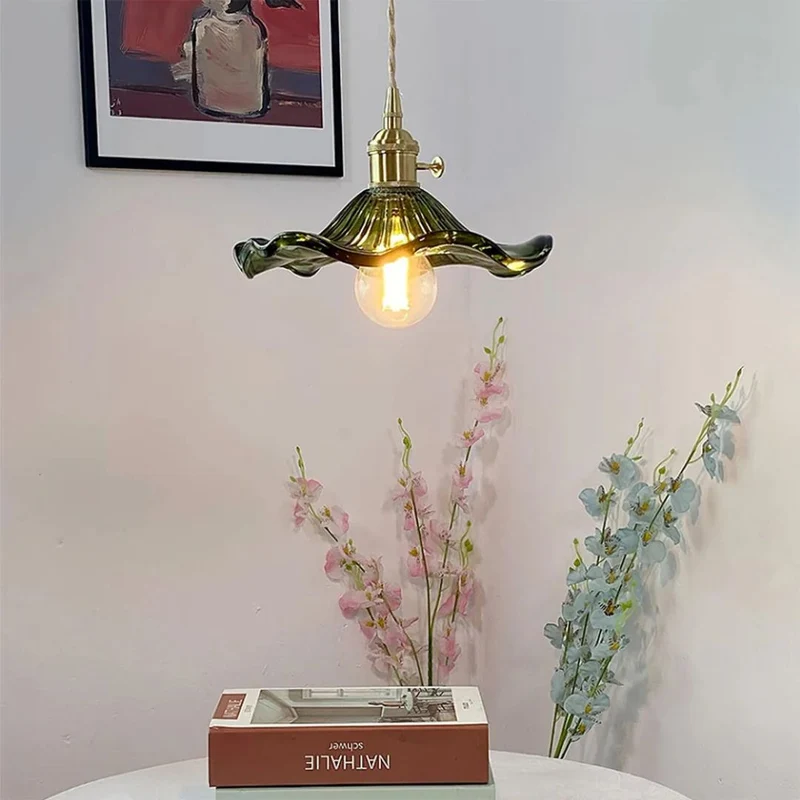 Hanglamp Glas E27 23cm Groen Messing Bloemvorm Eettafel Slaapkamer Retro Verlichting Vintage Hanglamp | Sansoti
