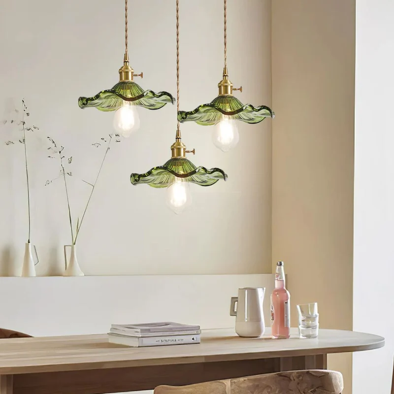 Hanglamp Glas E27 23cm Groen Messing Bloemvorm Eettafel Slaapkamer Retro Verlichting Vintage Hanglamp | Sansoti