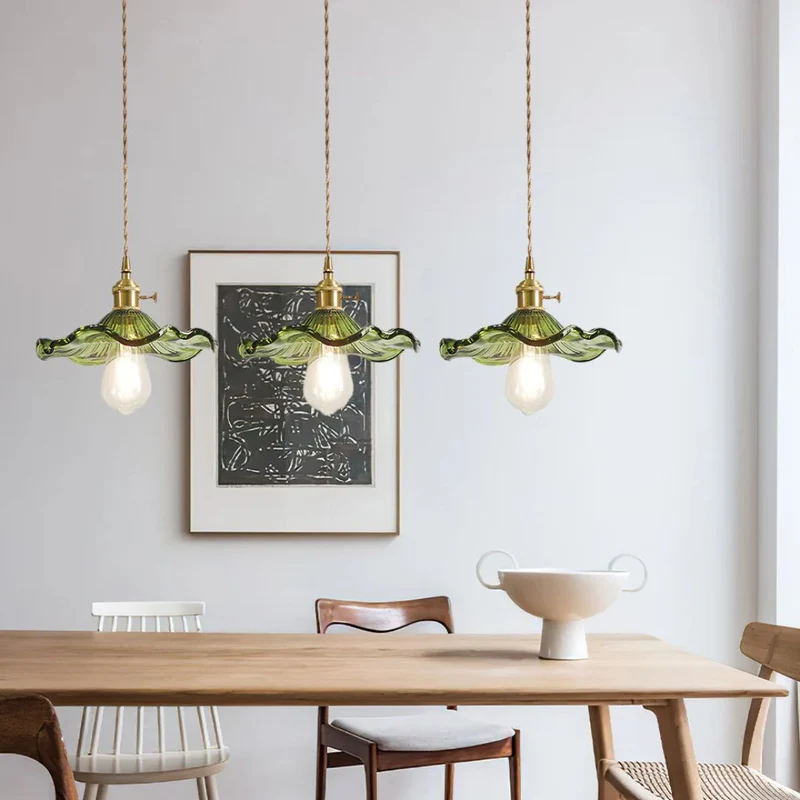 Hanglamp Glas E27 23cm Groen Messing Bloemvorm Eettafel Slaapkamer Retro Verlichting Vintage Hanglamp | Sansoti