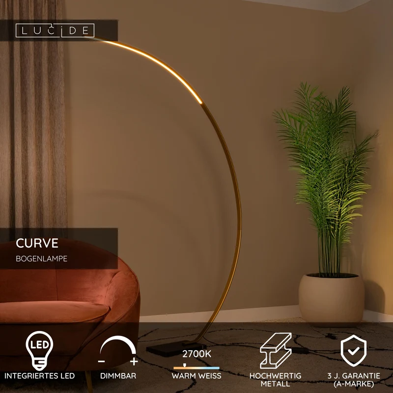 LED-Bogenlampe Curve dimmbar mit Marmorsockel 192cm