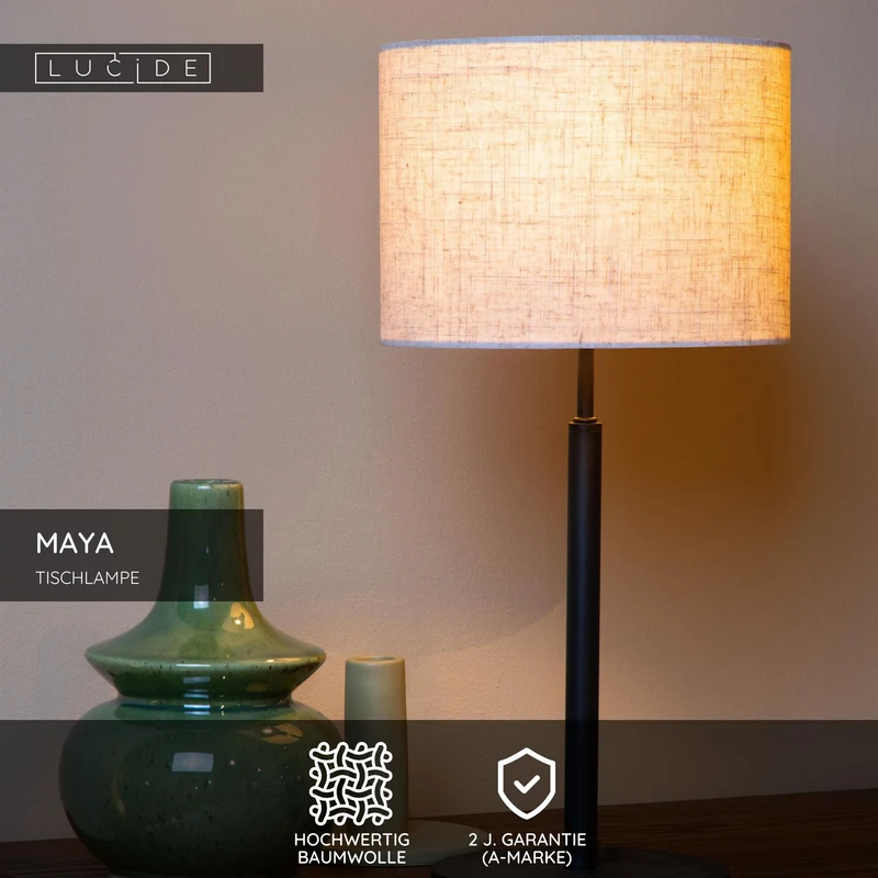 Tischleuchte Maya mit Baumwoll-Stoffschirm Beige Ø 26cm
