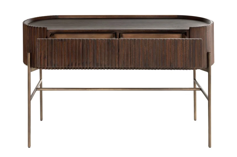 Casa Padrino Luxus Konsole Pogoro Braun 130 x 45 x H. 80 cm - Massivholz Konsole mit Metallgestell in dunkler Messing-Optik - Luxus Möbel