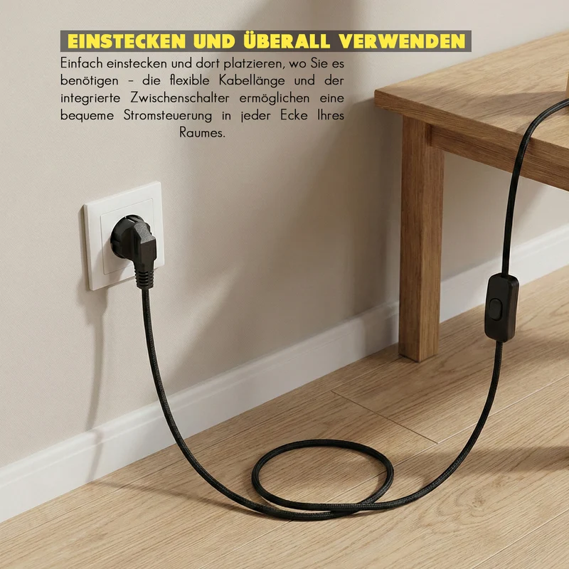 2m Textilkabel Schwarz mit Schalter | DIY Lampen-Zubehör 3-adrig ~3502