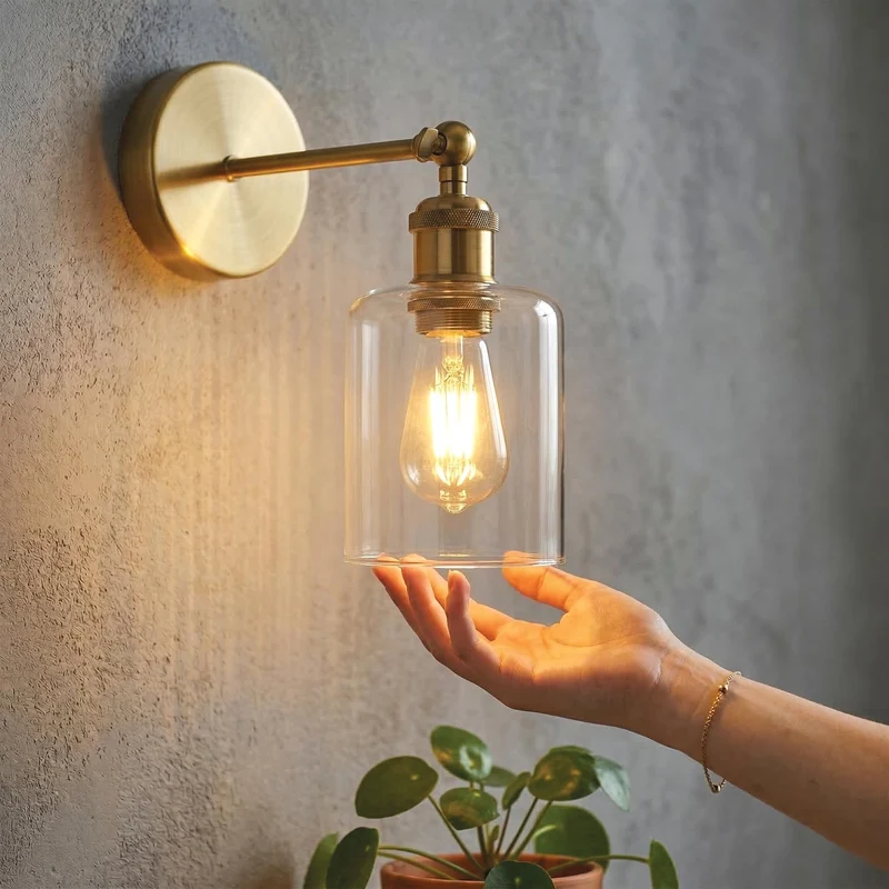 Schwenkbare Messing-Wandleuchte mit Klarglas | Vintage Wandlampe E27 ~3588