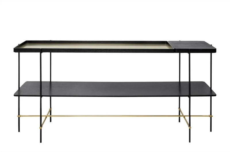 Casa Padrino Luxus Konsole Gold / Schwarz 180 x 40 x H. 90 cm - Langer Konsolentisch mit gebürstetem Edelstahlgestell und schwarzen Eichenfurnier Flächen - Luxus Möbel