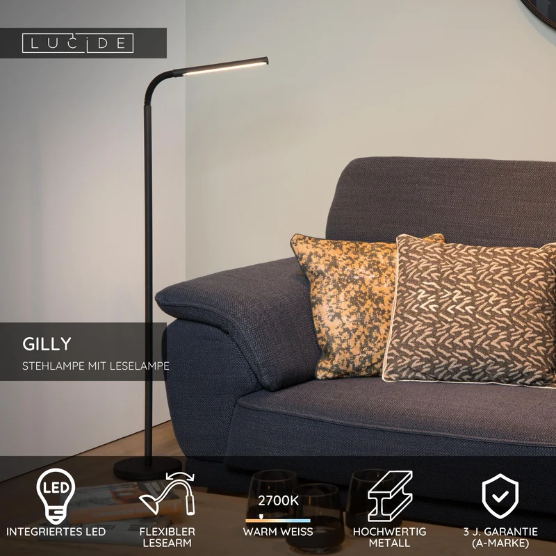 LED-Lese-Stehleuchte Gilly mit flexiblem Lesearm Schwarz