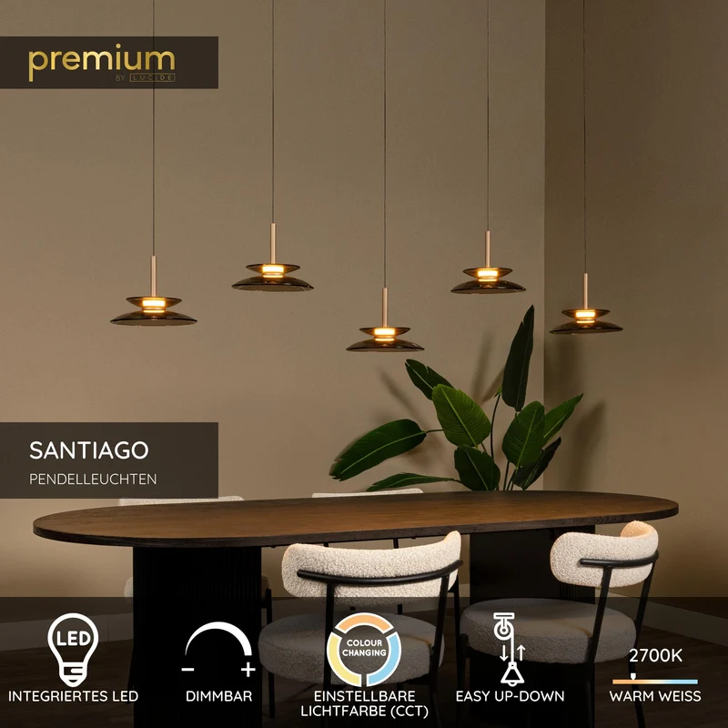 LED-Pendelleuchte Santiago 5-flammig dimmbar CCT Glas Amber 150cm
