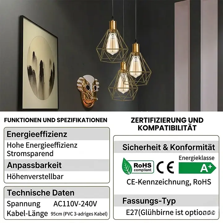 Industriell 3-flammige Cluster Pendelleuchte mit Verstellbarem Kabel~3533