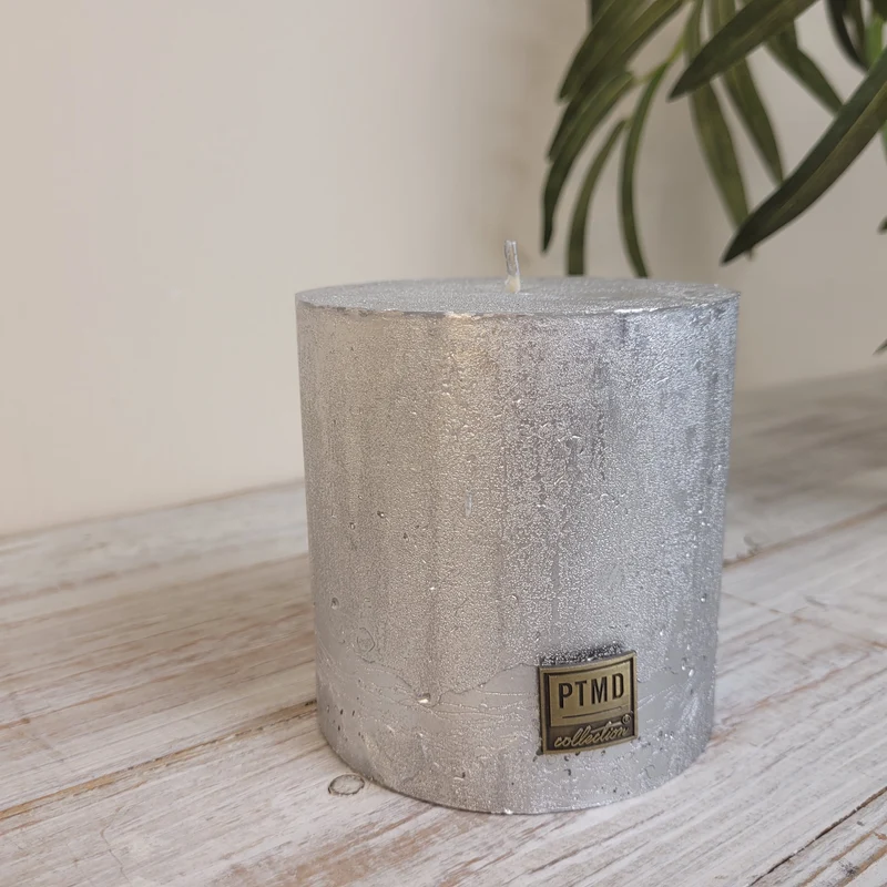 PTMD Stumpenkerze Silber Struktur Rustikal Kerze Deko 10cm