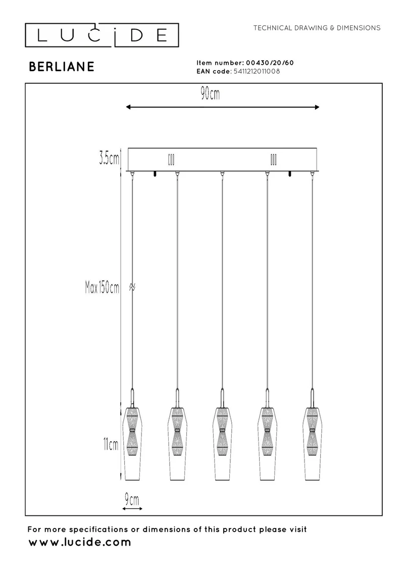 LED-Pendelleuchte Berliane 5-flammig dimmbar 93cm