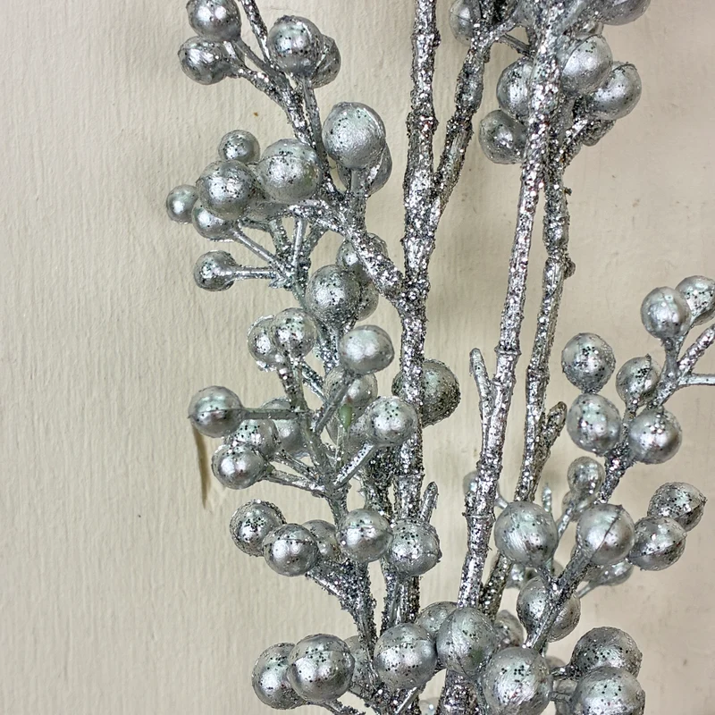 Kunstzweig Beeren 70cm Zweig Beerenzweig Silber Glitzer Kunstzweig Deko