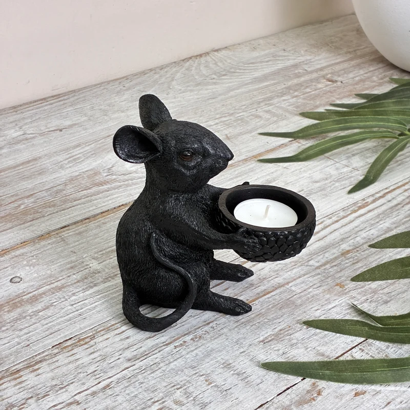 Teelichthalter Maus schwarz Kunststoff 12,5cm